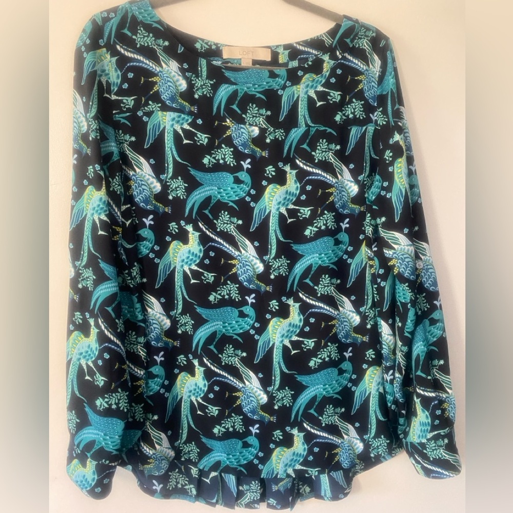LOFT Teal and Blue Peacock Peafowl Patterned Top Boatneck
